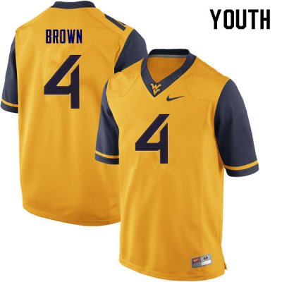 Youth West Virginia Mountaineers NCAA #4 Leddie Brown Yellow Authentic Nike Stitched College Football Jersey YO15W30KD